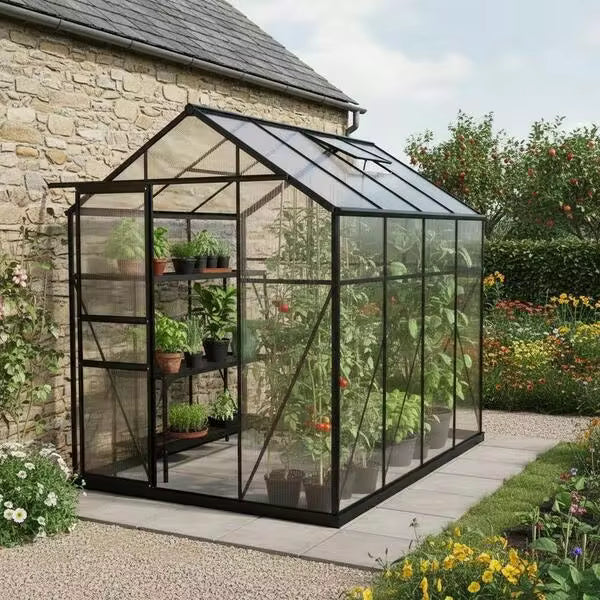 Lean-To Greenhouse, Garden Greenhouse Made Of Polycarbonate, With Sliding Door, Adjustable Roof Window, Base, 127 X 253 X 240 Cm, Black-XY410353